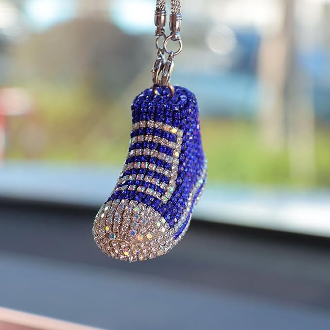 Bling Sneaker Shoe Sparkly Car Hanging Ornament, Cute Crystal Rear View Mirror Pendant, Diamond Rearview Mirror Charms, Lucky Car Interior Decor Accessories (Blue)