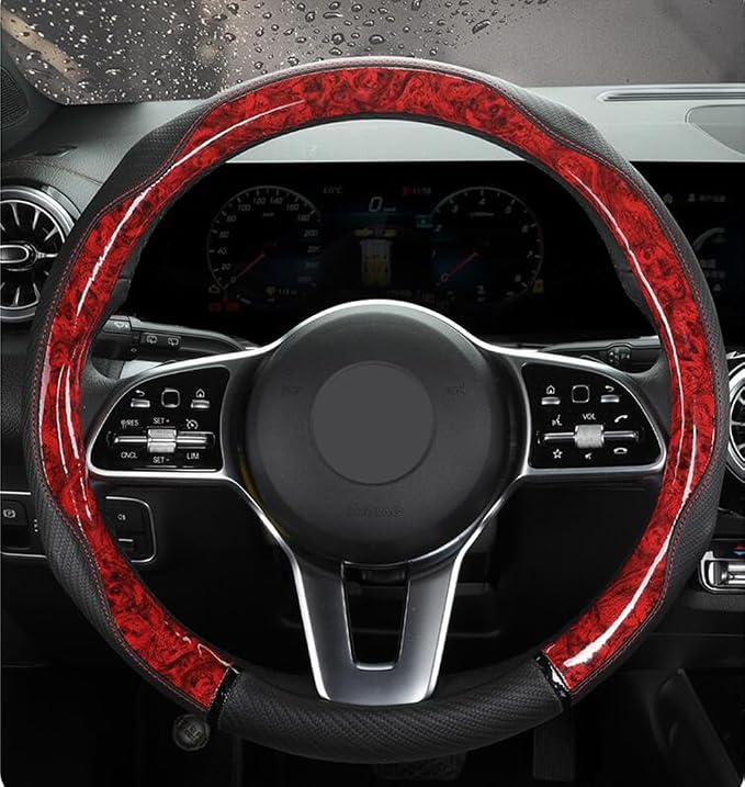 Peach Wood Grain Steering Wheel Cover Anti-Slip Breathable Durable Leather Four Seasons Universal 15 Inch Car Wrap Cover (Red)