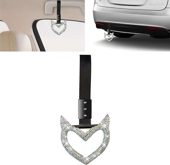 NBTEPEM Bling Tsurikawa Heart Handle Keychains Bling Car Accessories for Women Hand Strap Drift Charm Rear Bumper Warning Ring Decor for Car Interior Exterior Decoration (Multicolor, Devil Style)