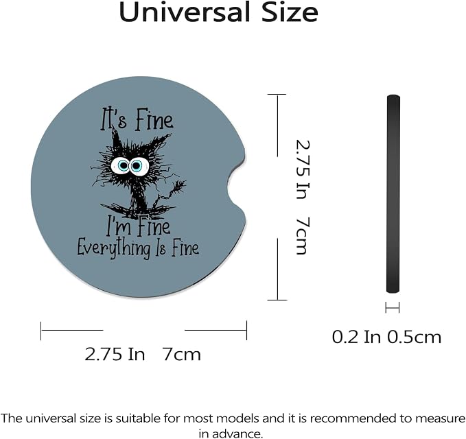 Car Coasters for Cup Holders - I'm Fine Funny Cat | 2 Pack Anti Slip Universal Rubber Car Cup Coaster for Women Men, Car Interior Accessories