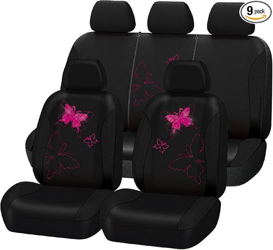Flying Banner Butterfly car seat Covers ful Set Fashion Universal Lady Woman Female Rear Bench Split Colorized (Black Rose Red, Full Set - Lace)