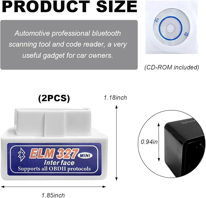 KVAEY 2 PCS OBDII Car Auto Diagnostic Scanner, ELM327 Automotive Bluetooth Scan Tool and Code Reader, Professional Car Bluetooth Engine Fault Code Reader, Universal Car Accessories (White & Blue)
