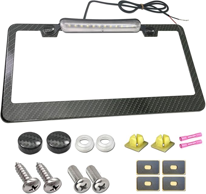 AOOTF License Plate Frame with Light Bar Assembly, Waterproof White | License Plate Light Lamp Bulbs, Aluminium Carbon Fiber Car Tag Holder Mount Kit, For Truck SUV Trailer, 12V, Screws Caps
