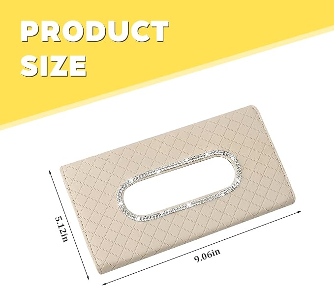 Bling Car Visor Tissue Holder, Crystal Rhinestones Vehicle Sun Visor Hanging Napkin Organizer Case with Ergonomic Take Out Port, Automotive Interior Tissue Dispenser, Universal Fit (Beige)