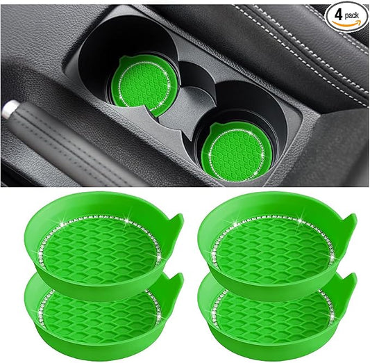 4PCS Bling Car Cup Holder Coaster, Crystal Rhinestone Insert Dustproof Non-Slip Drink Cup Mat, Diamond Shockproof Auto Interior Water Bottle Pad Cushion Coaster, Universal Fit (Light Green)