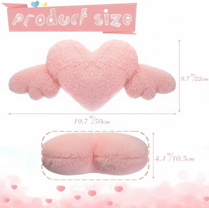 Macarrie 2 Pcs Plush Heart Shaped Pillow with Angel Wings Car Headrest Soft Comfortable Seat Pillow for Driving Travelling Room Office Car Decor, 19.7 x 8.3 Inch(Pink)