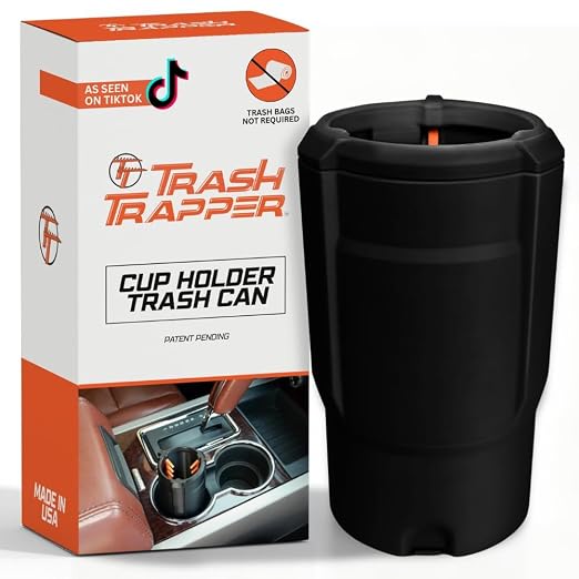 Trash Trapper Car Trash Can Cup Holder | Mini Car Trash Can | Fits in Most Doors | 5.1" x 2.9" | Traps More & Empties Less, Patent-Pending Compaction, Holds Weeks of Small Garbage, Black/Orange