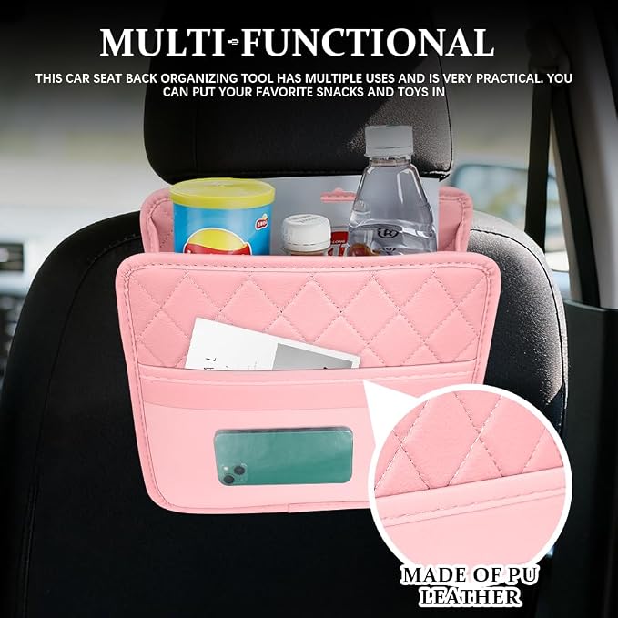 Car Seat Back Organizer, Car Organizers and Storage, PU Leather Vehicle Backseat Hanging Storage Pocket, Multipurpose Auto Organizer Hanging Universal for Most Vehicles (Pink)