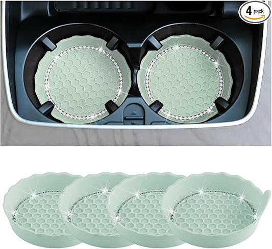 HZEL 4PCS Bling Car Cup Holder Coaster, Shiny Crystal Rhinestone Silicone Dustproof Drink Cup Insert Pad, Dazzling Automotive Interior Water Bottle Holder Embedded Mat, Universal Fit (Cyan)
