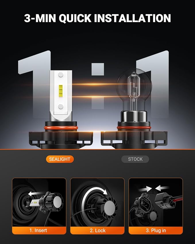 SEALIGHT 2504 PSX24W LED Fog Light Bulbs, 18,000 LM 6500K White 2504 Fog Lights Led, 5530 CSP Chips, IP68 Waterproof Plug and Play, RV Interior Lighting