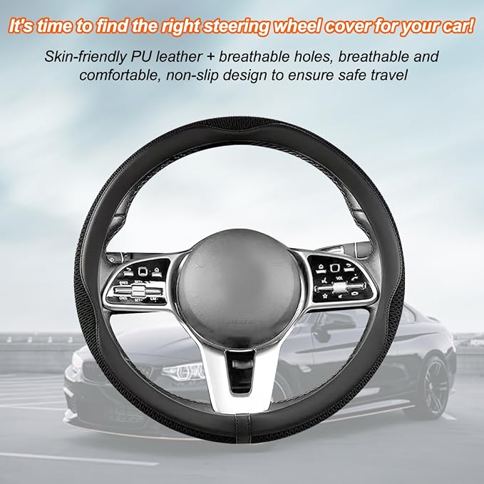 Car Steering Wheel Cover, 15 inch Ice Silk Leather Soft Comfortable Vehicle Steering Wheel Protector, Breathable Automotive Interior Accessories, Universal for SUV Sedan Truck (Black)