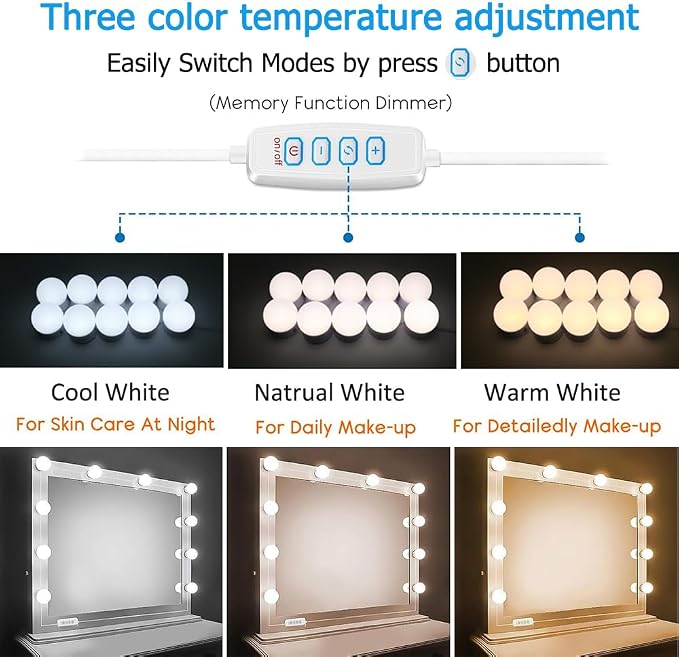 USB Powered Vanity Mirror Lights 10 Dimmable LED Bulbs 3 Color Changing Brightness Adjustable Makeup Lighting Strip for Dressing Bathroom Vanity Mirror