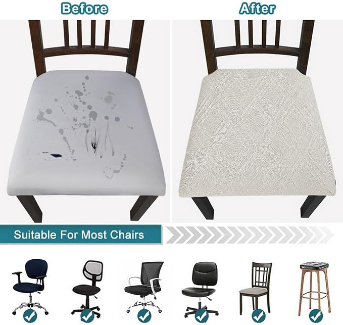 SearchI Waterproof Seat Covers for Dining Room Chairs Stretch Jacquard Chair Seat Covers Set of 4, Removable Washable Kitchen Chair Seat Protector Cushion Slipcovers for Office (Beige Rhombus)