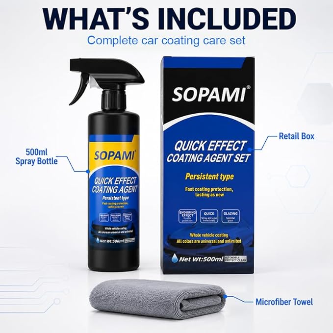 Sopami Car Coating Spray,Quick Effect Coating Agent,Quickly Coat Car Wax | Car Scratch Wax Polish Spray Waterless Wash,Oil Film Emulsion Glass Cleaner with towel (3 pcs)