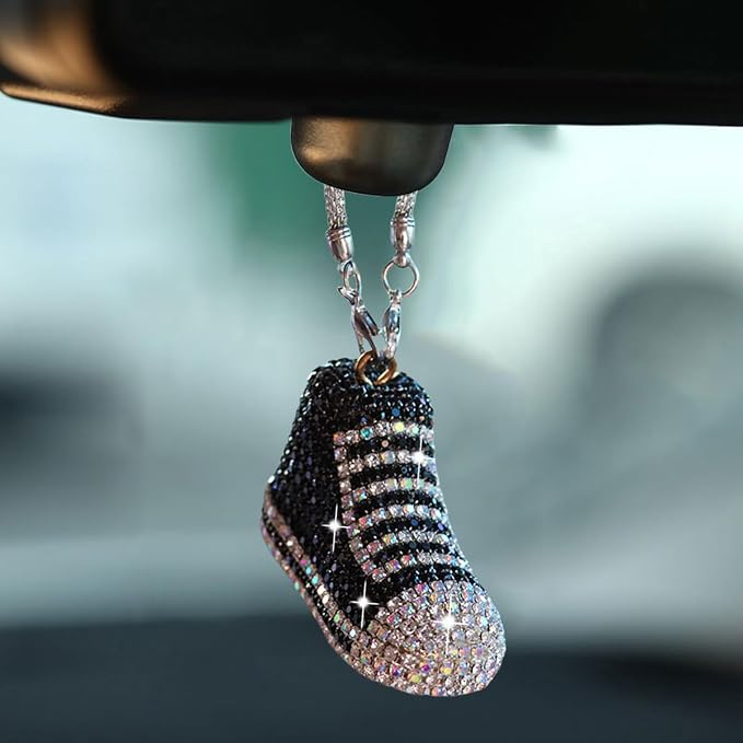 Bling Sneaker Shoe Sparkly Car Hanging Ornament, Cute Crystal Rear View Mirror Pendant, Diamond Rearview Mirror Charms, Lucky Car Interior Decor Accessories (Black)