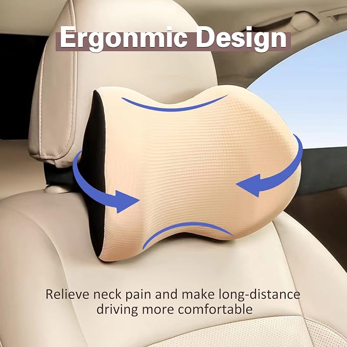 Super Comfy Car Headrest Pillow, Softness Car Pillow for Neck Pain Relief | Adjustable Strap, 100% Memory Foam & Breathable Removable Cover, Ergonomic Design - Universal Fit Car Neck Pillow(Beige, 1PC)