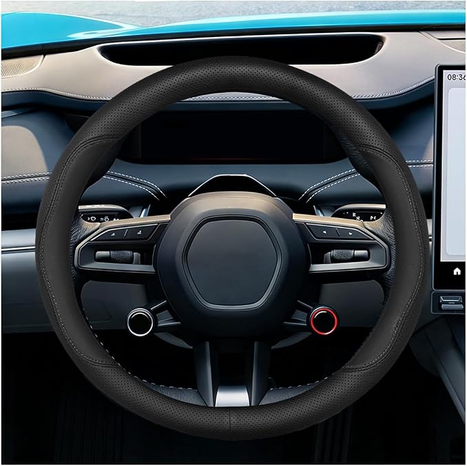 Craedli Nappa Leather Car Steering Wheel Cover, Breathable Non-Slip Automotive Steering Wheel Protector Universal Fit 14.5-15 Inch, Car Interior Decoration Accessories for Trucks, SUVs (Black)
