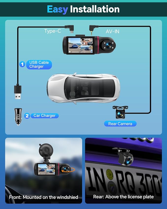 Dash Cam Front and Rear Inside 3 Channel, 1080P Dashcam with 64GB Card | Dash Camera for Cars with 24H Parking Monitor, Super Night Vision, Loop Recording, G-Sensor, WDR, 2.3" Screen for Taxi