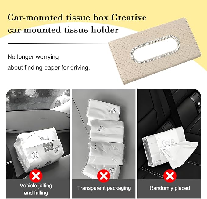 Bling Car Visor Tissue Holder, Crystal Rhinestones Vehicle Sun Visor Hanging Napkin Organizer Case with Ergonomic Take Out Port, Automotive Interior Tissue Dispenser, Universal Fit (Beige)