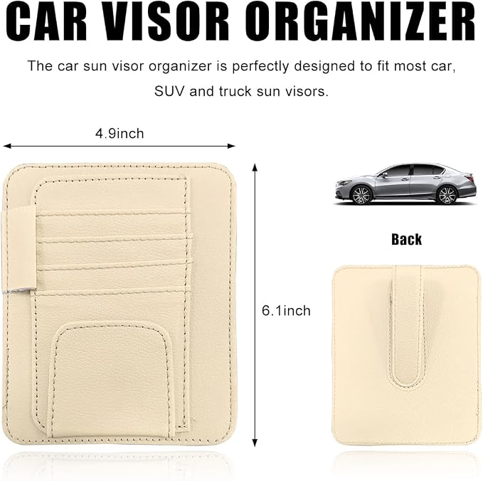 povtii Car Sun Visor Organizer, Waterproof Leather Car Sun Visor Storage Clip, Multifunctional Vehicle Sun Visor Folder with Sunglasses Clip, Universal Interior Car Accessories (Beige)