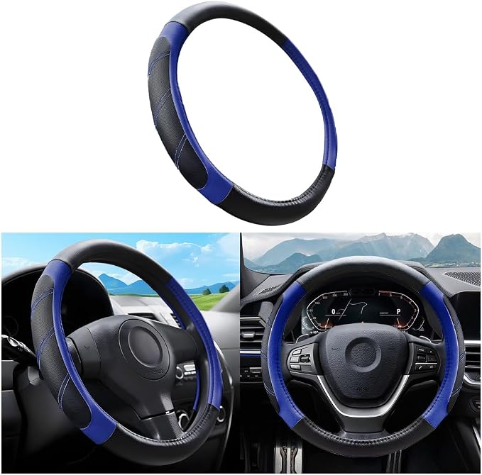 Mandark Car Steering Wheel Cover, Elastic Sport Leather Vehicle Steering Wheel Protector, Non-Slip Soft Grip Padded Auto Interior Protective Accessories, 14.5-15 Inch Universal Fit（Blue）