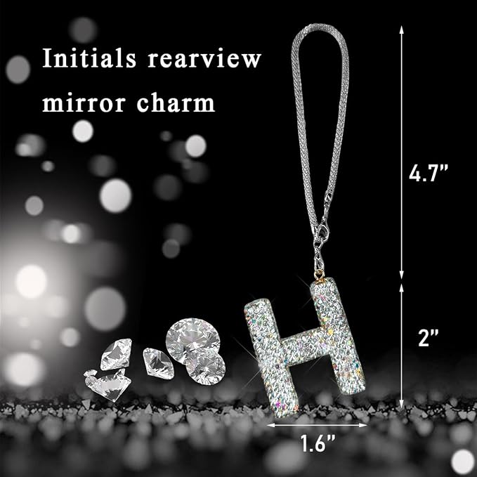 DXNQ Bling Initial Car Rear View Mirror Ornament, Crystal Sparkling Cute Letter Charm Pendant Auto Decor, Hanging Lucky Diamond Initial Charm Car Mirror Bag Ornament for Girl Women (Letter H)