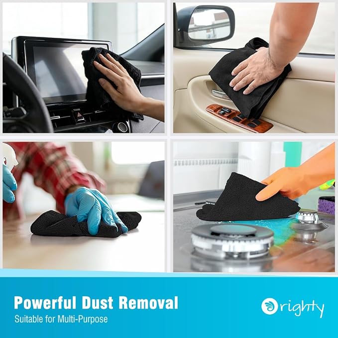 Orighty Microfiber Cleaning Cloth, Cleaning Rags, 12 Pack, 12x11 in, Black | Microfiber Towels for Cars, Soft Highly Absorbent Rag, Lint Free Cloths for Car Care, House, Kitchen