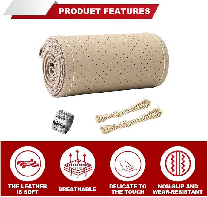 ZIMISI 15 Inch Genuine Leather Steering Wheel Cover (Beige,Hole) | Anti-Slip Breathable Car Steering Wheel Stitching Wrap, DIY Sewing with Needle Thread, Stitch on Wrap Steering Wheel Cover
