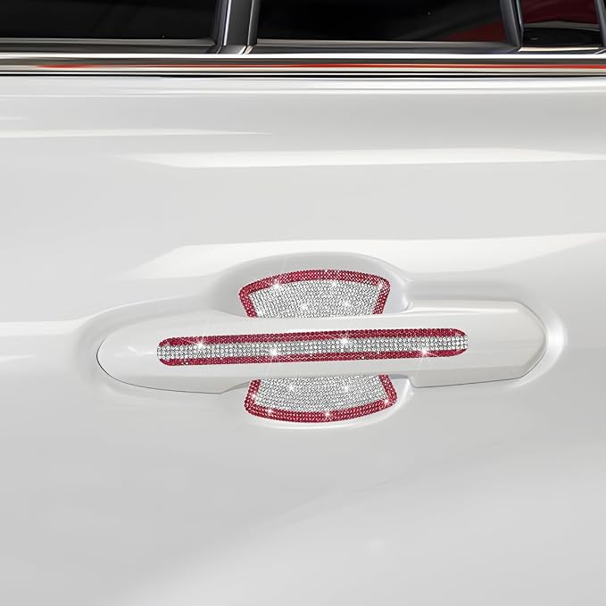 8PCS Bling Car Door Handle Protector, Crystal Rhinestone Anti-Scratch Vehicle Door Handle Bowl Stickers, Glitter Automotive Exterior Decal Accessories, Universal for Vehicles (Red/White)