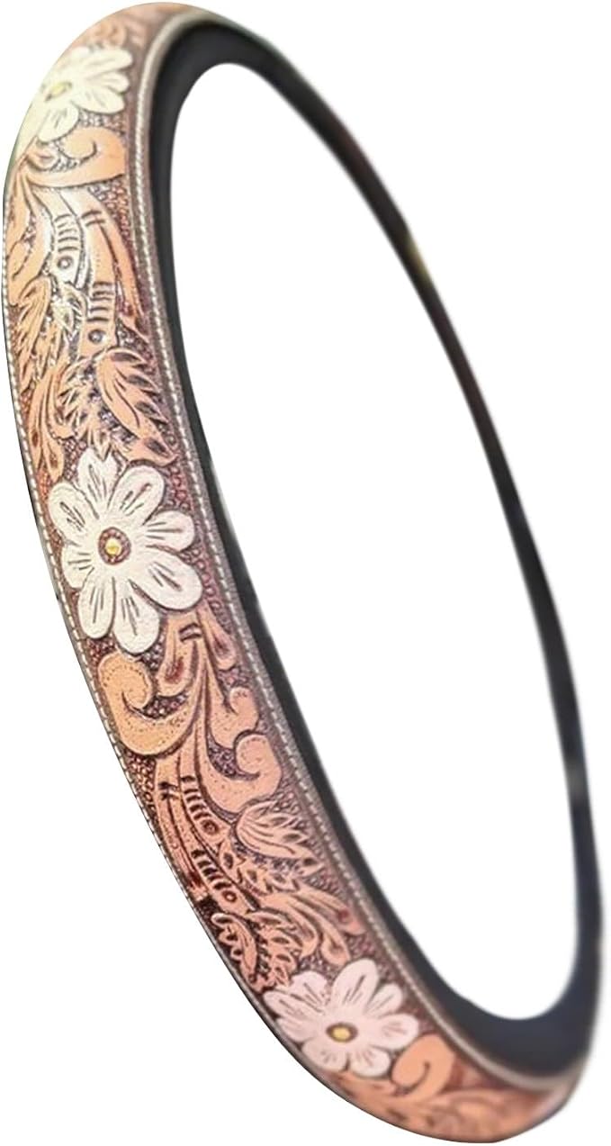 Western Cowboy Steering Wheel Cover - Retro Tooled Leather, Embossed Hand-Painted Design, Universal 15 Inch Anti-Slip Cover for SUV, Truck, Car, Breathable All-Weather, Easy to Install (Style-B)
