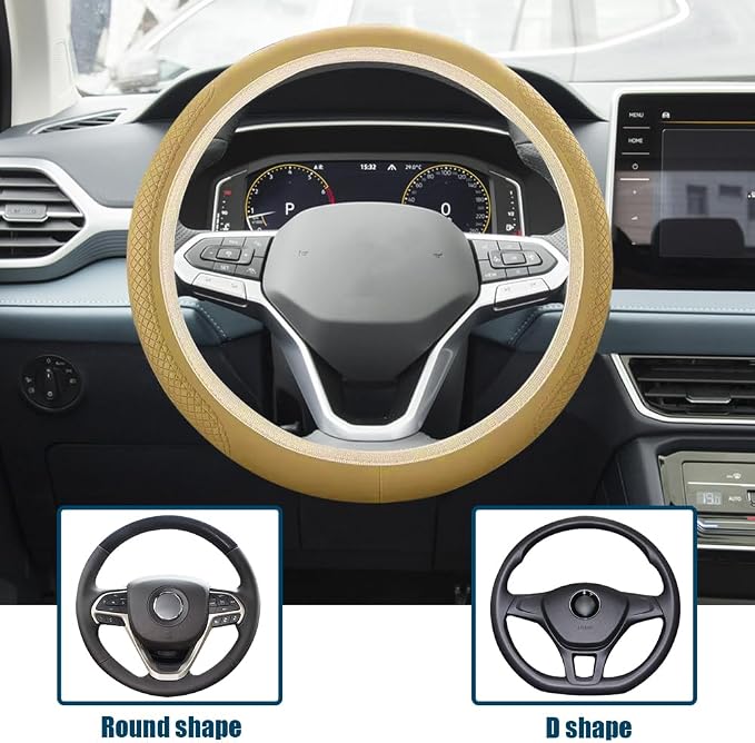 Car Steering Wheel Cover, Universal 14.5-15 Inch Beige Leather Steering Wheel Wrap with Better Sport Grip for Men Women, Anti-Slip Breathable Car Interior Accessories for Most Vehicles (Beige2)
