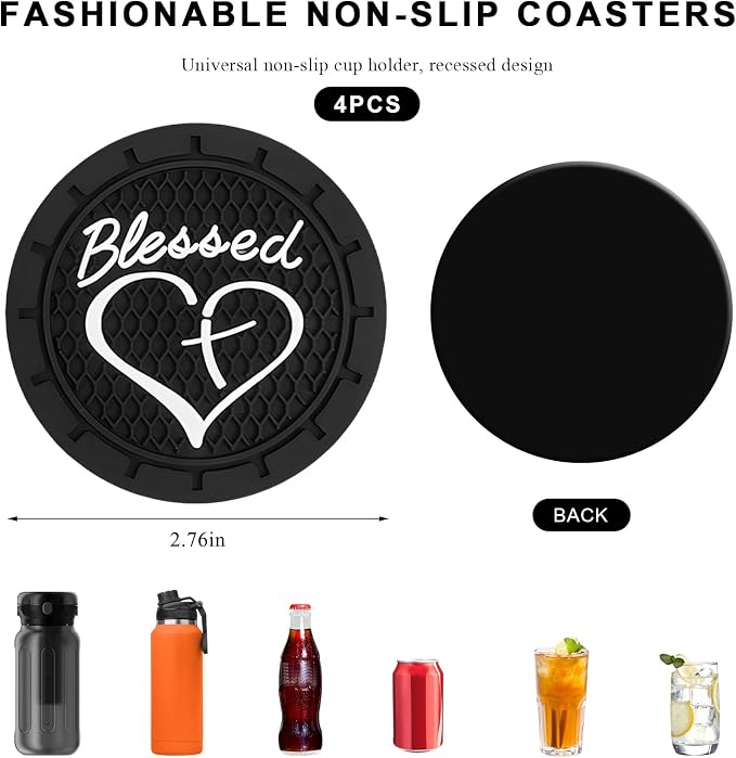4 PCS Car Cup Holder Coaster, 2.76 Inch Soft PVC Non-Slip Blessed Cross and Heart Christian Car Cup Coasters, Auto Interior Shockproof Insert Drink Mat for Most Vehicles (Black)