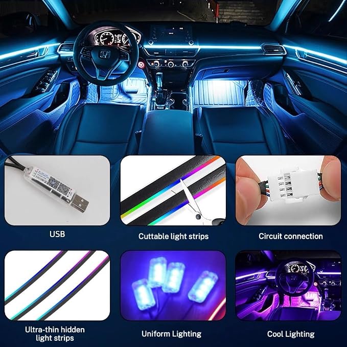 Universal LED Ambient Lighting Kit for Car Dashboard - Smart App Control, 16 Million RGB Colors, Motion Sensor, Easy Installation, Premium Silicone Strip for All Vehicles (Sedan, SUV, Truck)