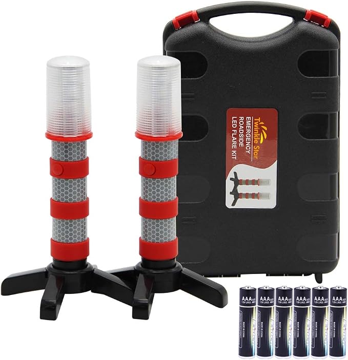 Twinkle Star LED Safety Strobe Road Warning Light, Set of 2 | Emergency Roadside Flares Kit, Highway Beacon Alert Flare, Magnetic Base, Detachable Stand, Solid Storage Case