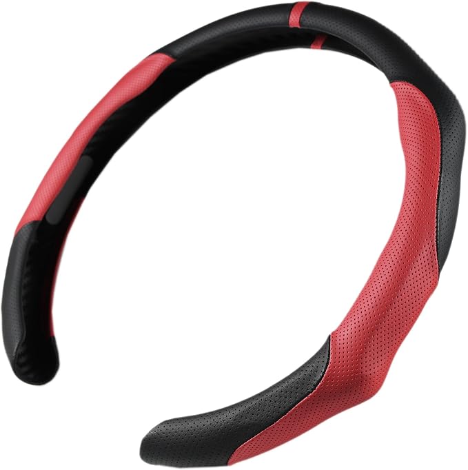 Quick Install Enhanced Control Sporty Nappa Leather Steering Wheel Cover, Odorless Sweat-Proof Non-Slip Protector Universal Fit for 14.5-15 Inch Car SUV Truck Bordeaux Red