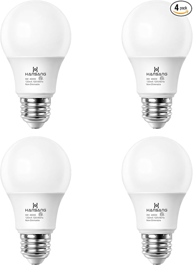 4 Pack A19 LED Light Bulbs, 60W Equivalent, 4000K Natural White LED Bulb with E26 Standard Base, Efficient 9W, Non-Dimmable, 800 Lumens, 120V, CRI 85, Eye-Friendly for Bedroom Living Room