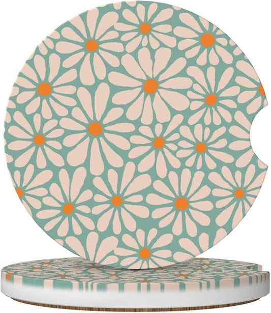 Green Floral Car Coasters for Cup Holders,2 Pack Car Cup Holder Coasters for Car,Ceramic Absorbent Car Coaster with A Finger Notch and Cork Base,Car Interior Accessories for Women Men