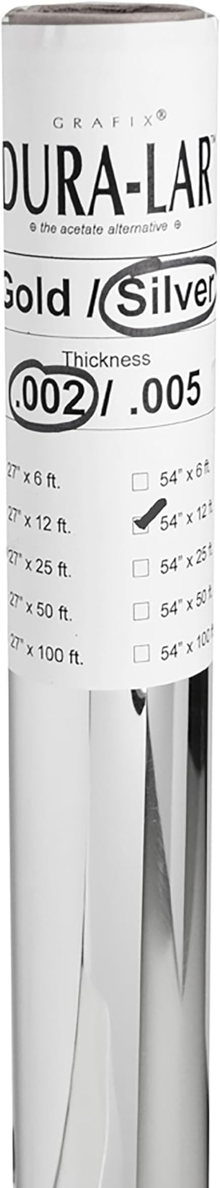 Grafix Dura-Lar 0.002" Film, Silver 54" x12', Opaque Silver Dura-Lar is a Polyester Film with Aluminum Coating on the Surface. Creates the Perfect Mirror-Like Finish.