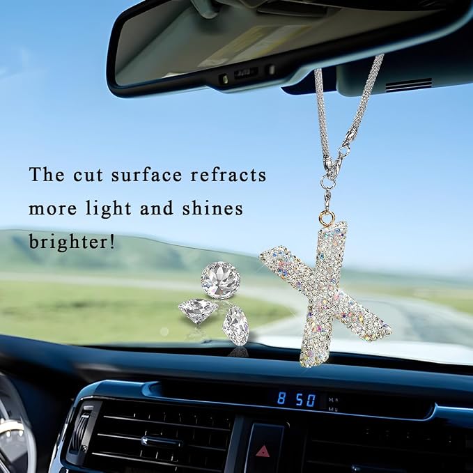 DXNQ Bling Initial Car Rear View Mirror Ornament, Crystal Sparkling Cute Letter Charm Pendant Auto Decor, Hanging Lucky Diamond Initial Charm Car Mirror Bag Ornament for Girl Women (Letter X)