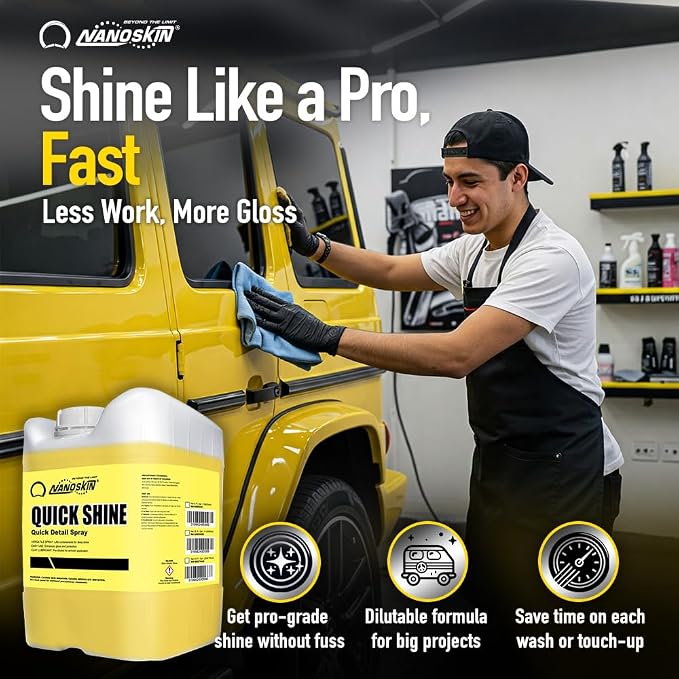 Nanoskin QUICK SHINE Quick Detail Spray 5 Gallons - Waterless Detailer Spray for Car Detailing | Deep Gloss Car Wax Booster & Clay Lubricant | Removes Dust, Smudges, Fingerprints & Other Contaminants, Yellow, 640.00 Fl Oz (Pack of 1)