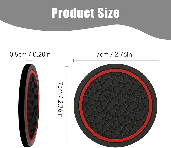 4 PCS Car Cup Holder Coasters, Non-Slip Insert Car Cup Coasters, Waterproof Vehicle Water Bottle Pads Automotive Interior Accessories, Universal for Vehicles, Trucks, SVUs (Black & Red)