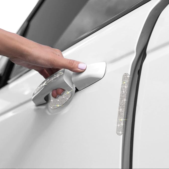 10PCS Car Door Handle Bling Rhinestones Stickers, Sliver | Universal Auto Door Handle Safety Reflective Strips, Cute Things for Car