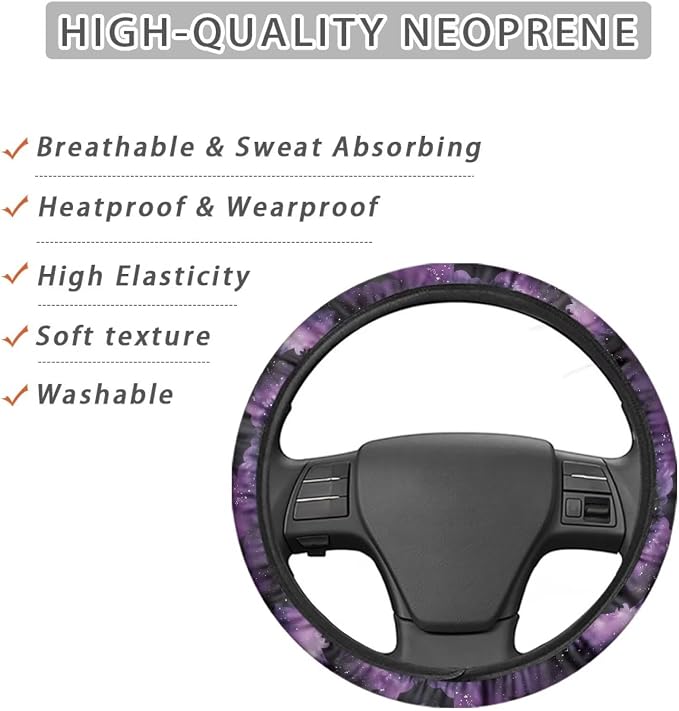 Wanyint Car Steering Wheel Cover Soft Stretch Auto Steering Wrap Protector for Women Men, Universal Halloween Auto Accessories Fit Most Vehicles, Bat Purple Tie-dye