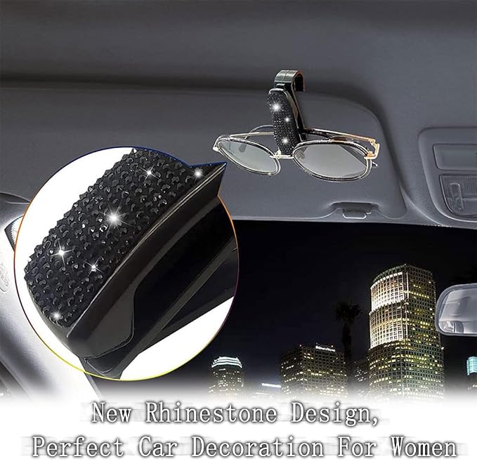 Set of 2 Bling Rhinestone Car Sun Visor Glasses Holders with Anti-Scratch Sponge,Car Decoration for Women Girls,Ticket Card Clip Visor Organizer,Universal Rhinestone Auto Accessories (Black-2pcs)