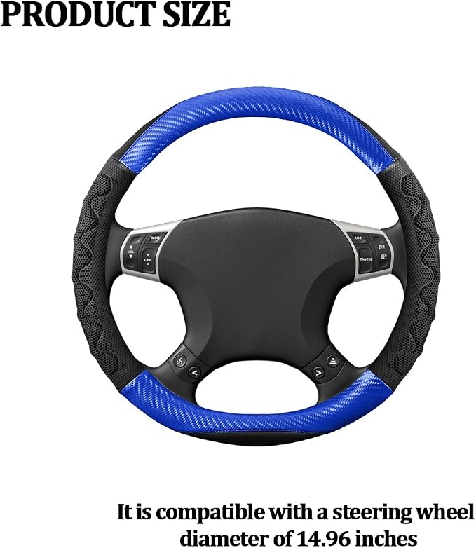 HZEL Car Steering Wheel Cover, Carbon Fiber Breathable Soft Grip Vehicle Steering Wheel Protector with Anti-Slip Lining, Automotive Interior Protective Decor Accessories, Universal Fit (Blue)