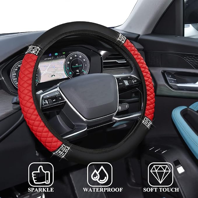 Bling Soft Leather Steering Wheel Cover, 15 Inch Colorful Rhinestones Auto Elastic Steering Wheel Protector for Women Girls, Car Accessories Anti Slip Steering Wheel Cover for Cars, SUVs (Red)