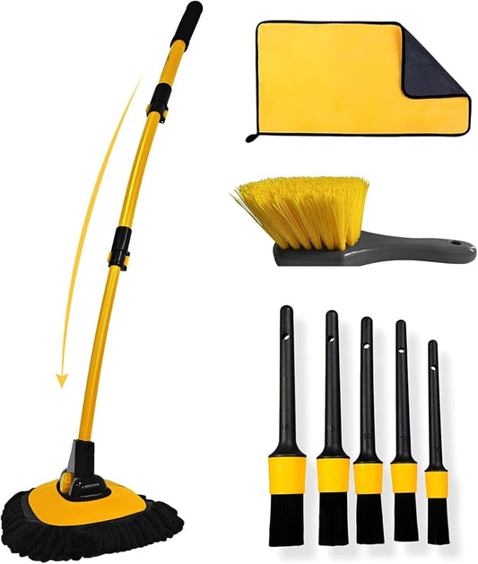YeewayVeh Car Wash Kit, Extendable Brush Mop, Long Handle, Ginger | 5Pcs Detailing Brush, Rim Cleaner Brush & Microfiber Towel, Complete Car Cleaning Supplies