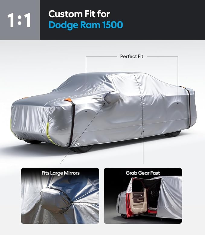Wigoo Dodge Ram 1500 Truck Car Cover Accessories 2019-2026, Custom Fit Waterproof All Weather Outdoor Full Pickup Cover, Windproof UV Rain Snow Dust Protection, Door Zipper, Reflective Strips