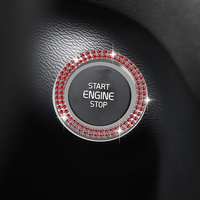 Car Bling Crystal Rhinestone Engine Start Decoration Ring, Ring Start Button Cover Sticker Key Ignition & Knob Ring Decoration, Bling Car Interior Accessories for Women (Red)