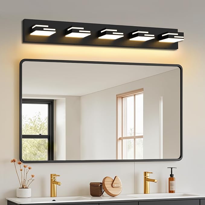LED Modern Bathroom Vanity Light Fixtures, Dimmable Matte Black Vanity Lights for Bathroom Lighting Fixtures Over Mirror, with 360° Rotatable Acrylic Heads 5-Light 36-inch 5CCT